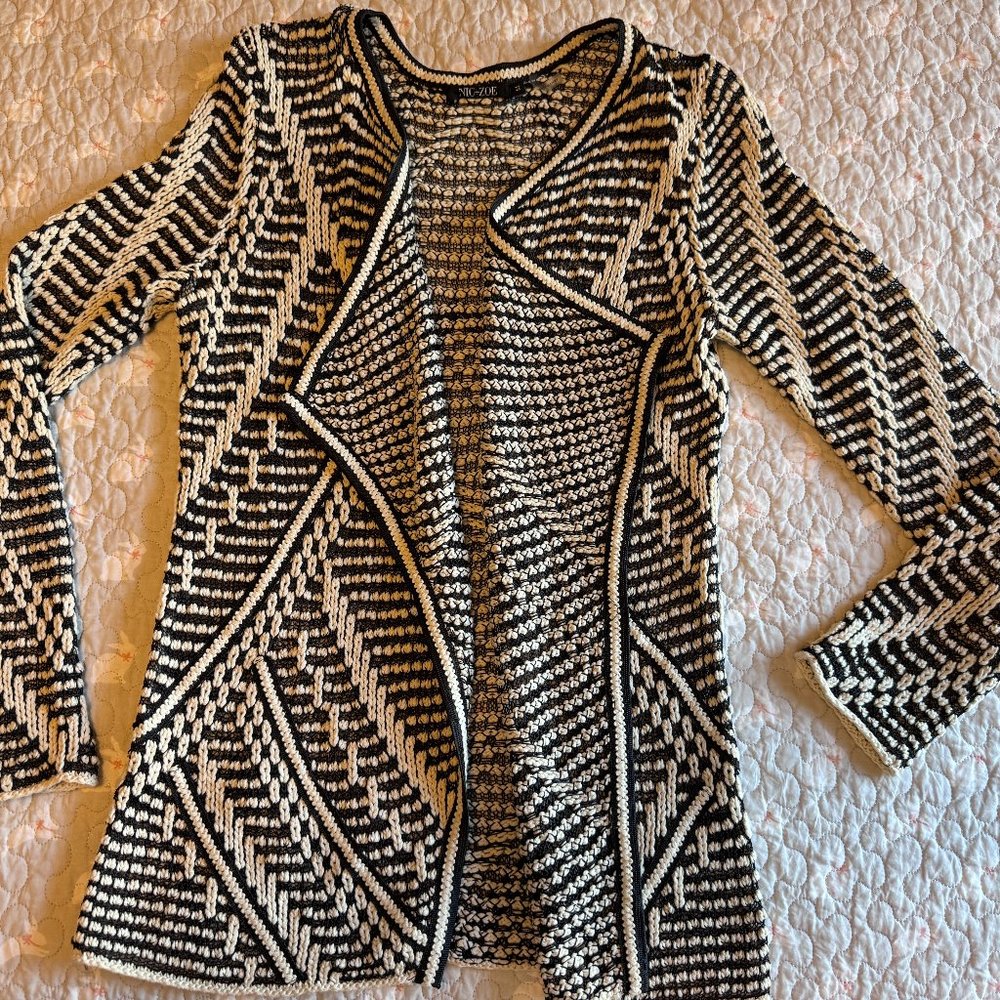 Nic + Zoe Lightweight Waterfall Black and Ivory Cardigan Like New M/S